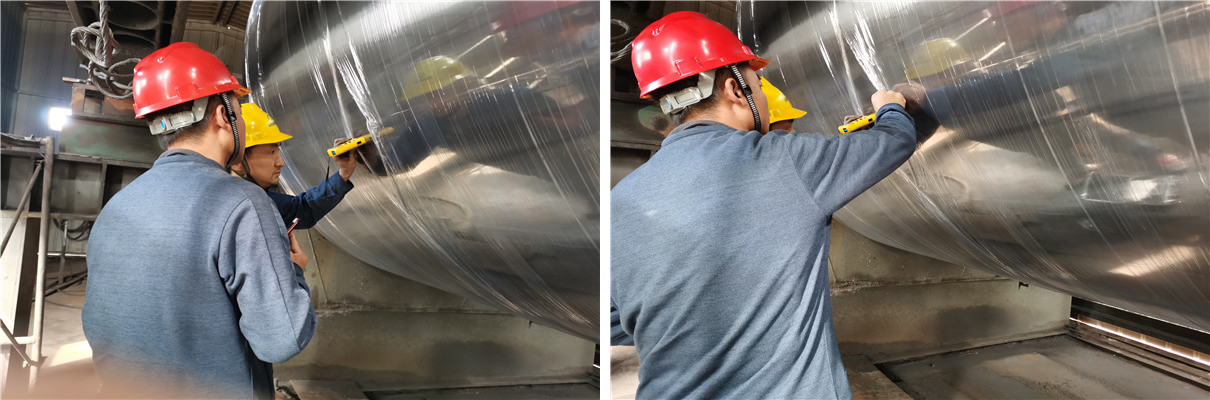 淄博某紙業公司到廠檢測烘缸熱噴塗成果